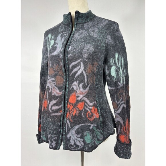 Ivko Wool Cardigan Jacket Grey Floral XXL Zip Front Long Sleeve Embroidered - Picture 16 of 16